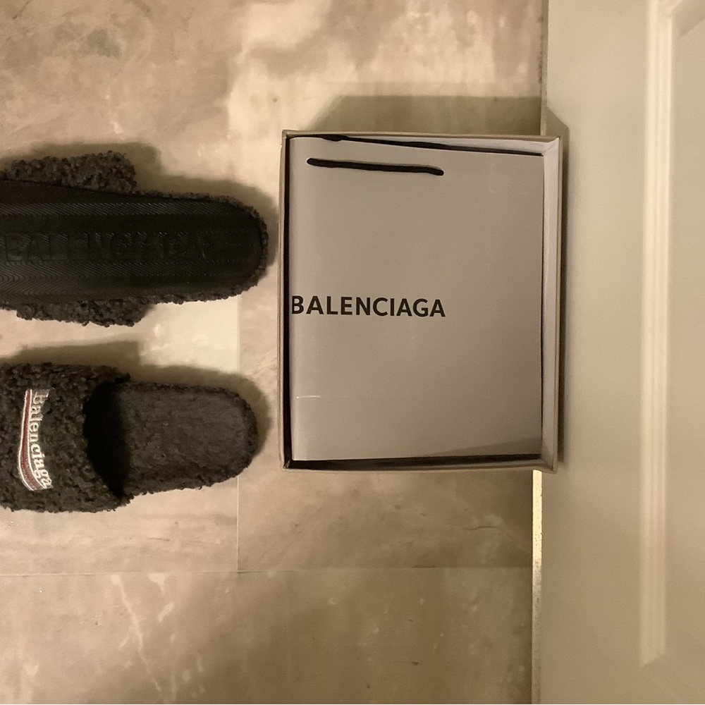 Dark Gray Balenciaga Fur Slides LIKE NEW